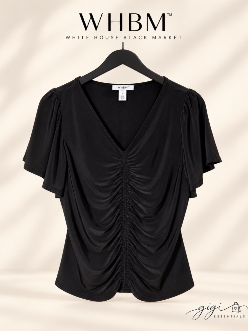 White House Black Market Black Ruched Front Flutter Sleeve Top Size Medium
